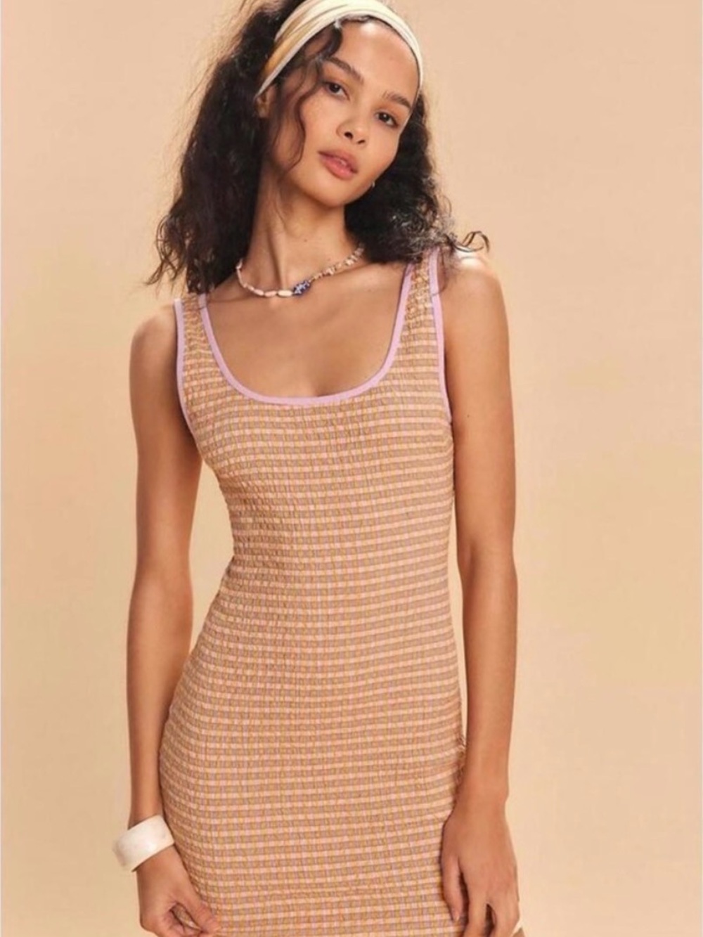 NWT Free People Ribbed Mini Dress in Peach with Pink Trim